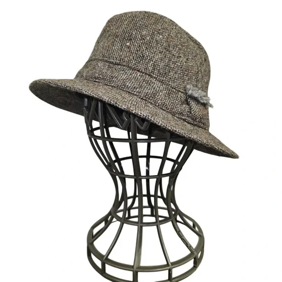 VTG Hanna Hats Hat‎ Cloche Fitted Unisex SZ S Brown Wool Tweed Donegal Ireland